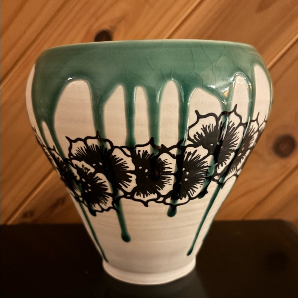Studio pottery by Mary Jester Green and Black Floral Pottery  Vase/planter